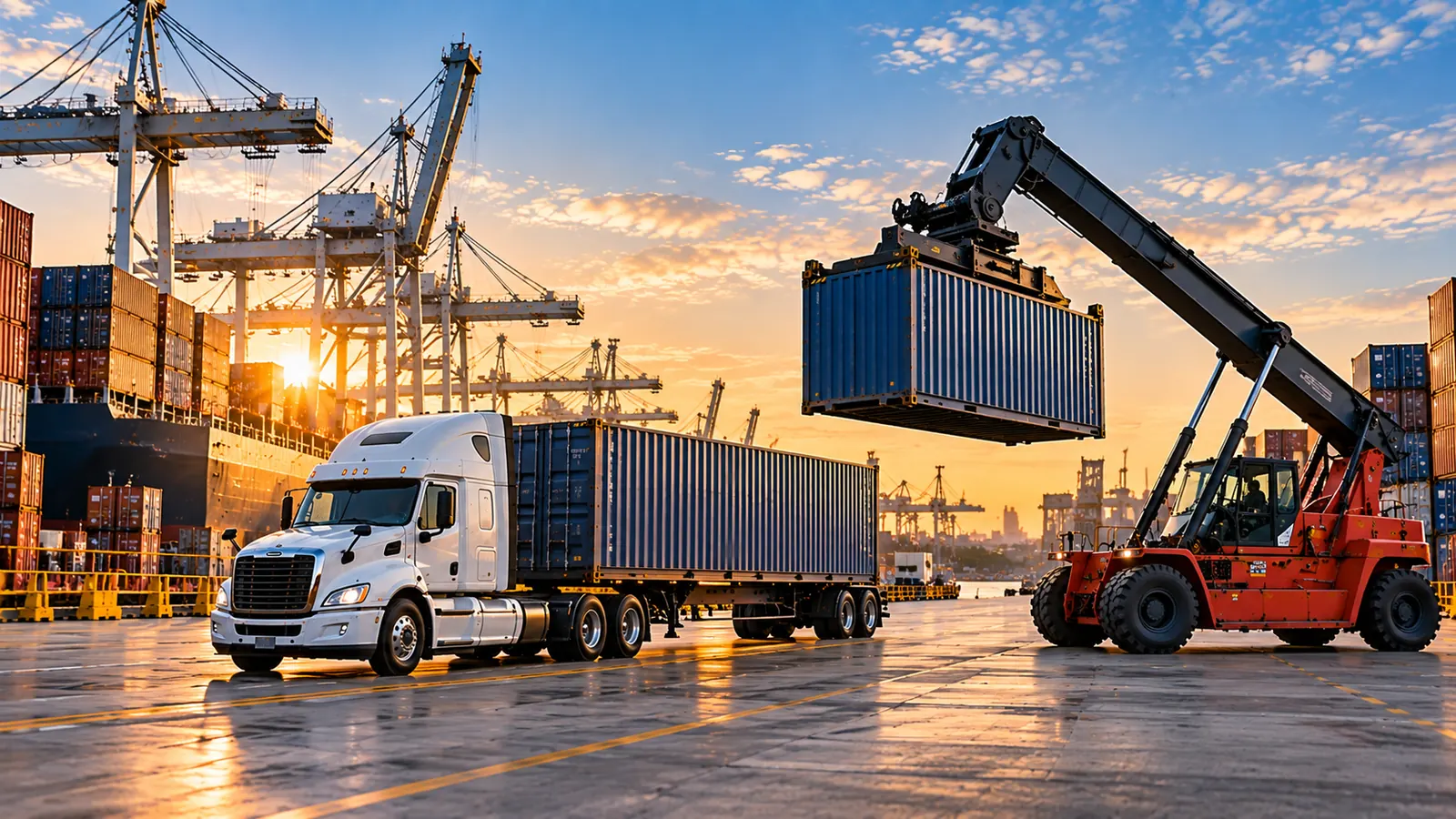 Drayage truck and reach stacker moving shipping containers at a port terminal