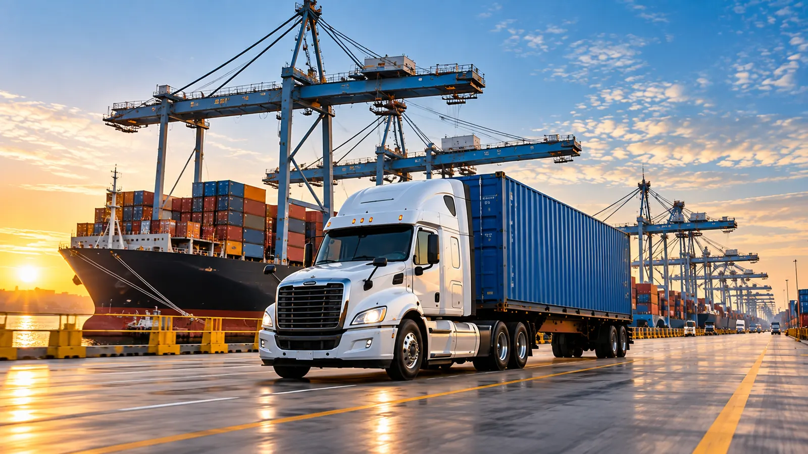 Drayage truck hauling a shipping container at a port terminal