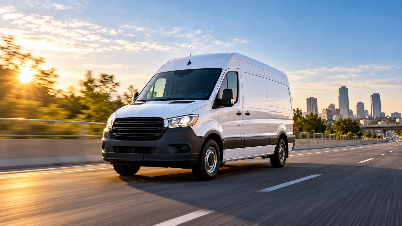 White cargo van delivering urgent freight on a city highway