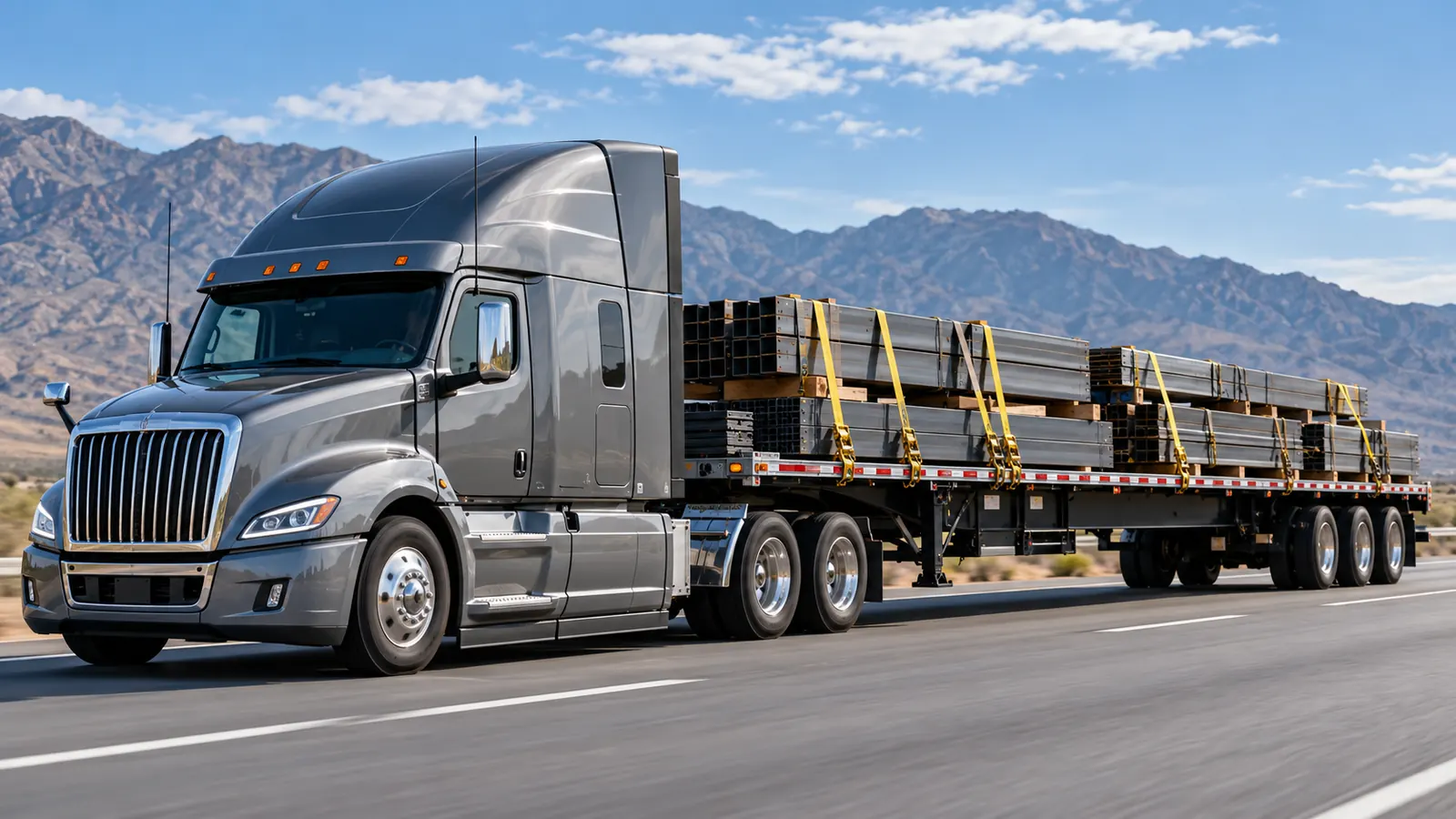 Flatbed truck hauling steel beams secured with straps on a highway