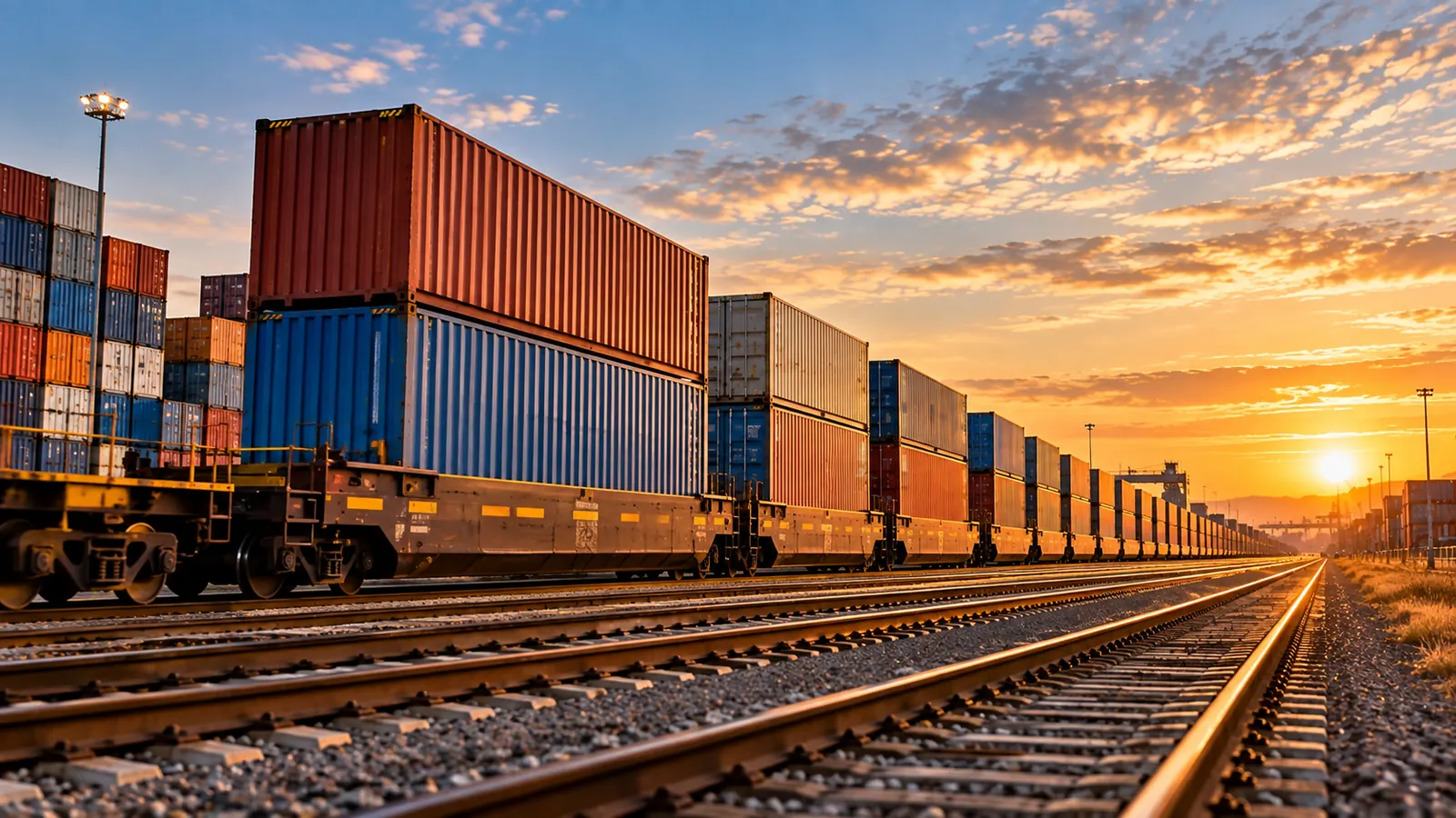 Double-stack intermodal container train at a rail yard at sunset