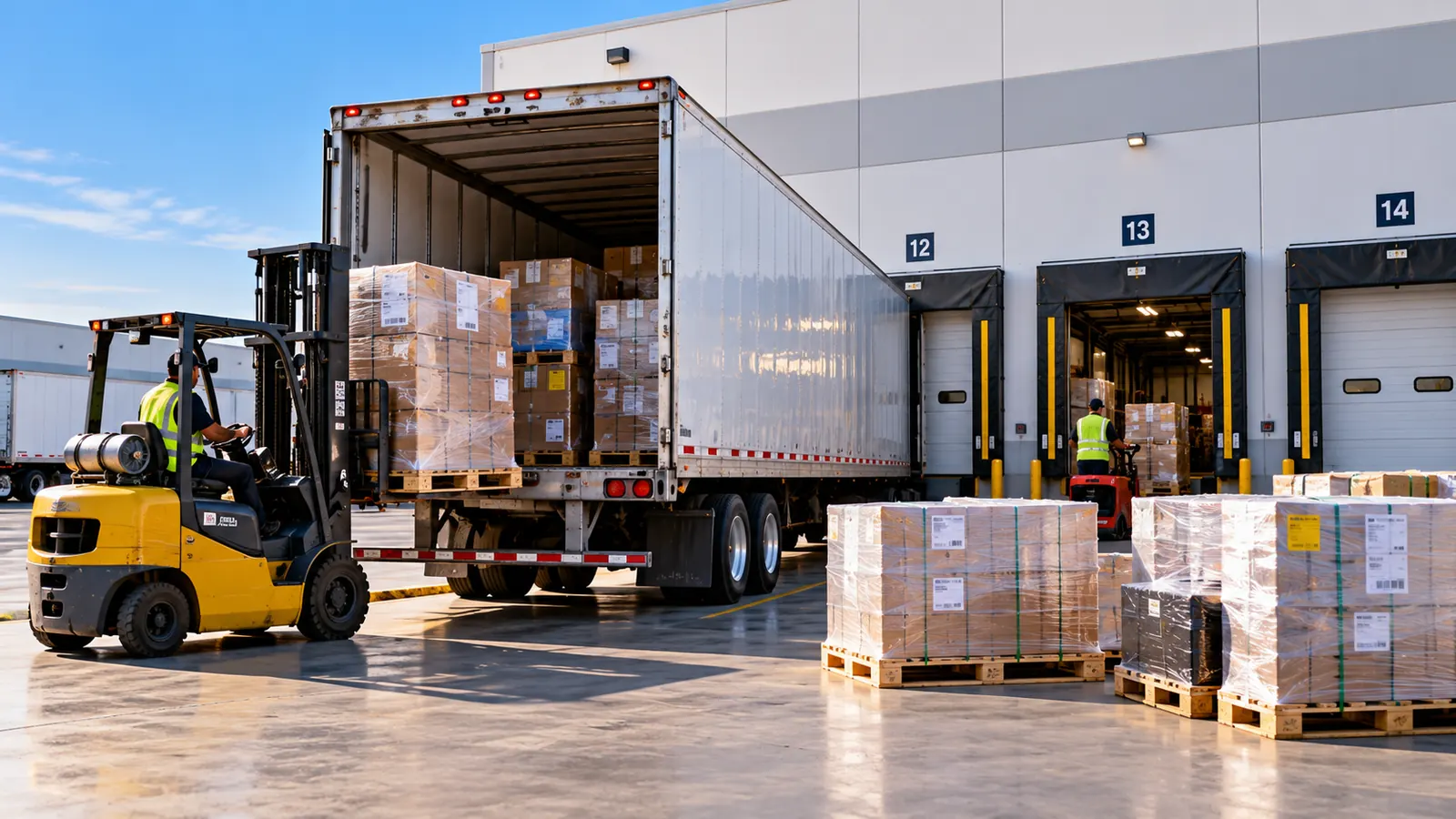 Palletized freight being loaded into a trailer at a warehouse dock