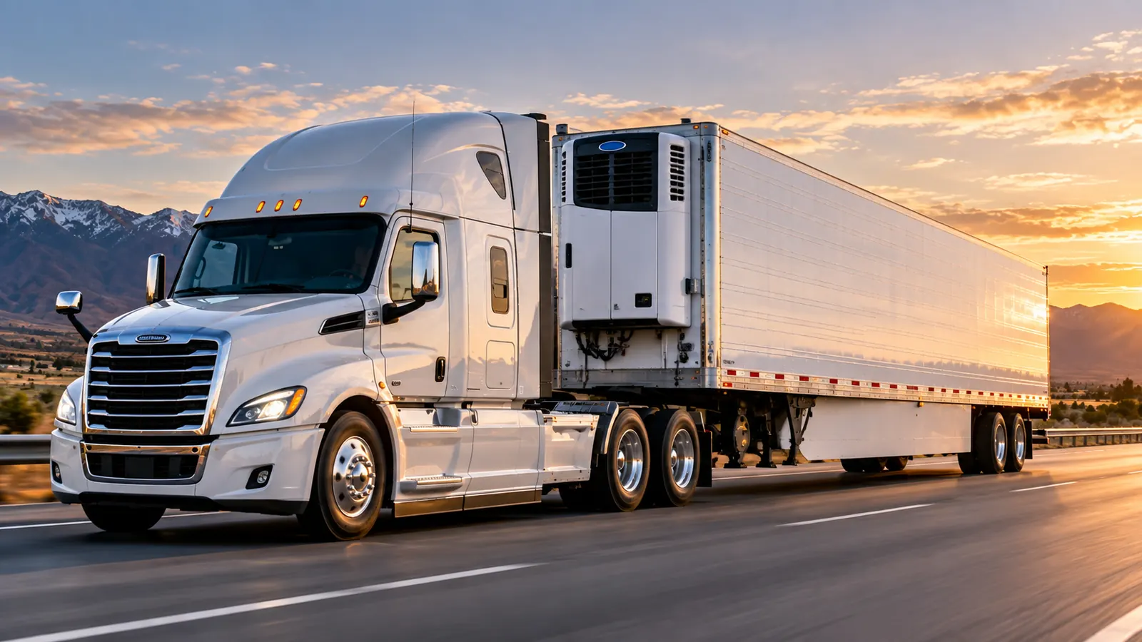 Refrigerated reefer semi-truck with cooling unit on a highway at sunset