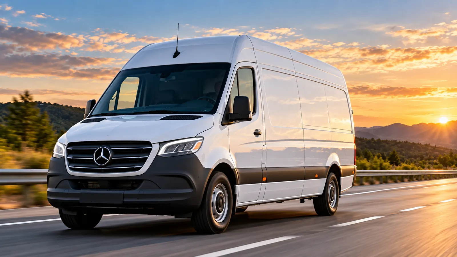 White high-roof Sprinter van moving expedited freight on a highway at sunset