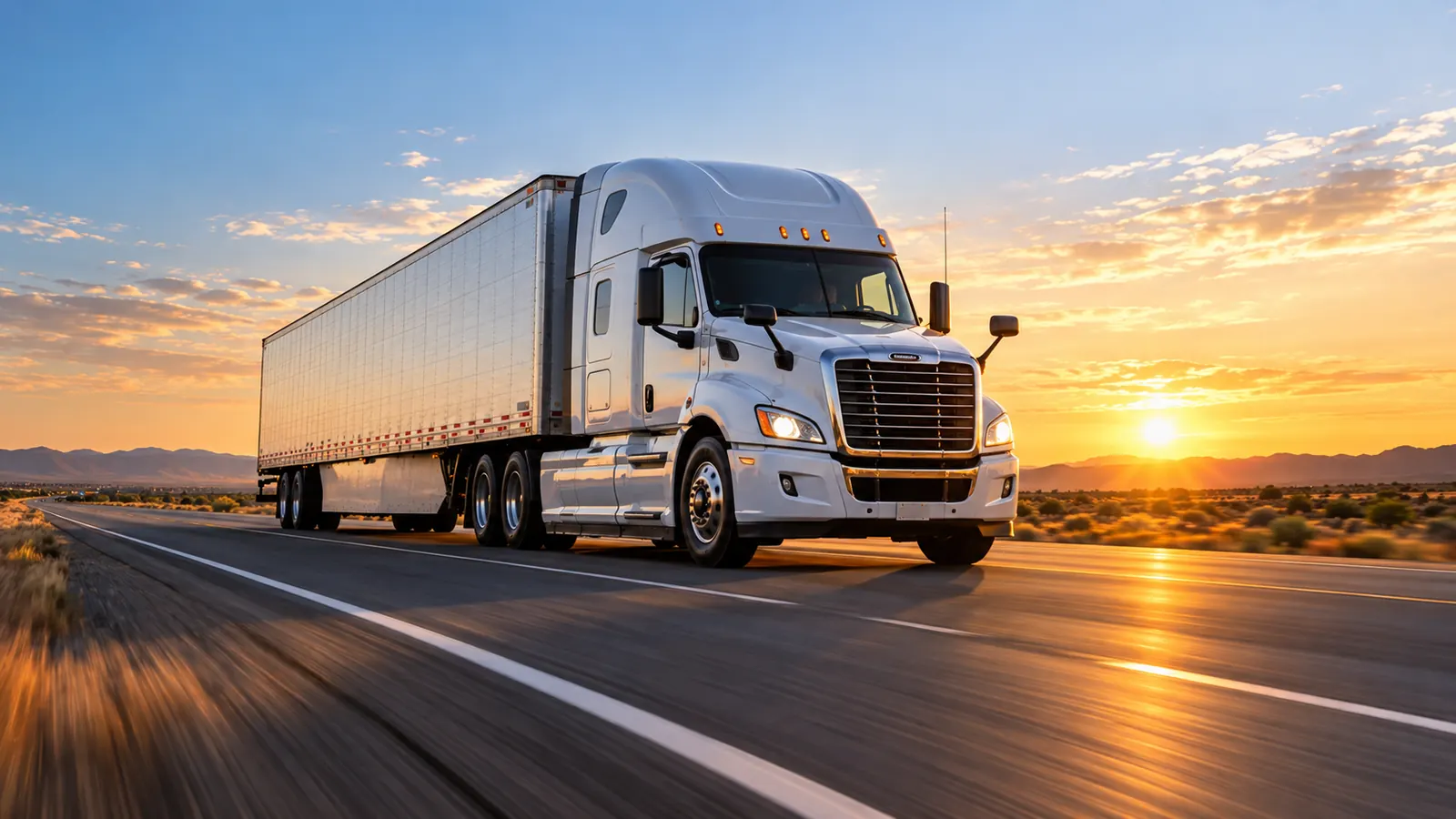 Semi-truck hauling a 53-foot full truckload trailer on a highway at sunset