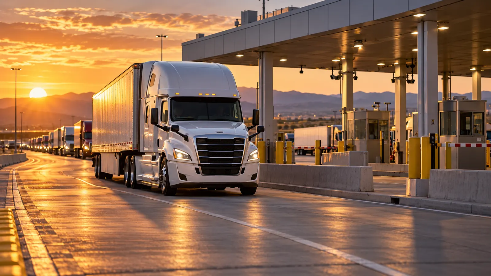 Semi-truck at a commercial border crossing inspection lane at sunset