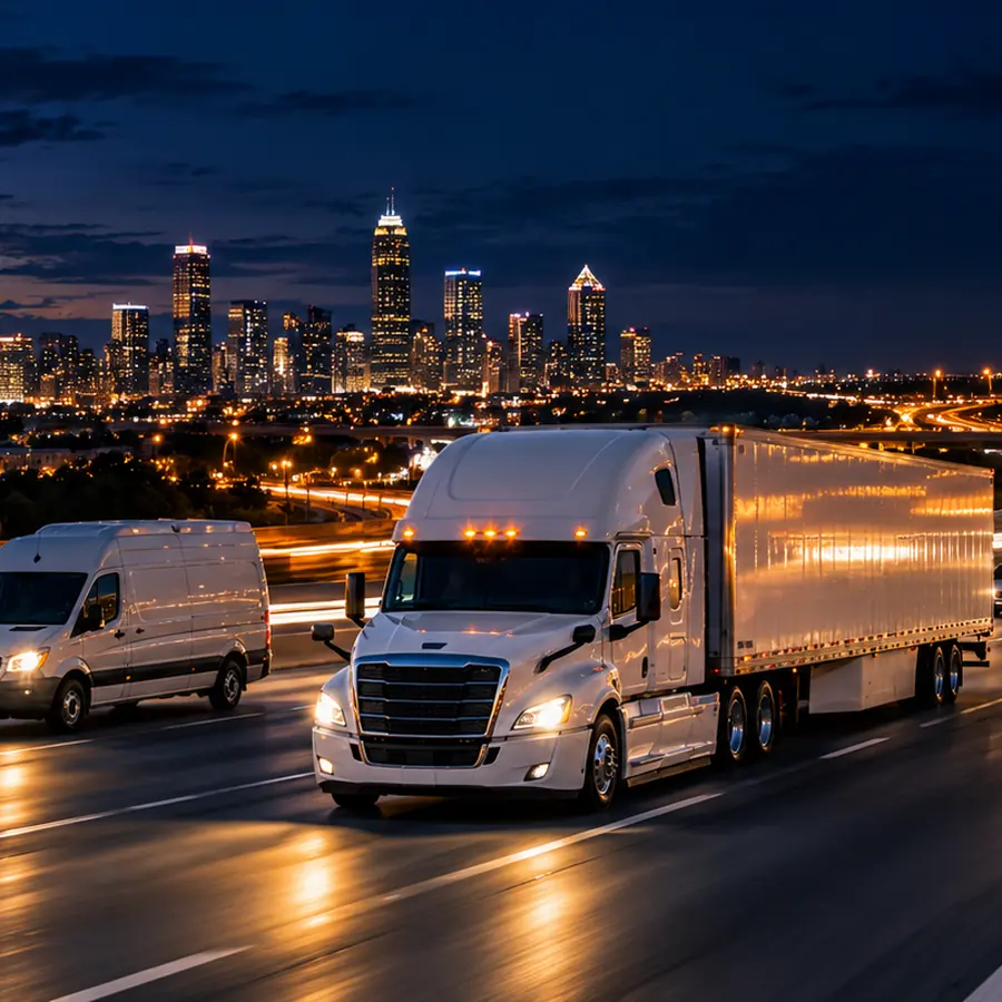 Expedited van and truck on a city highway at night